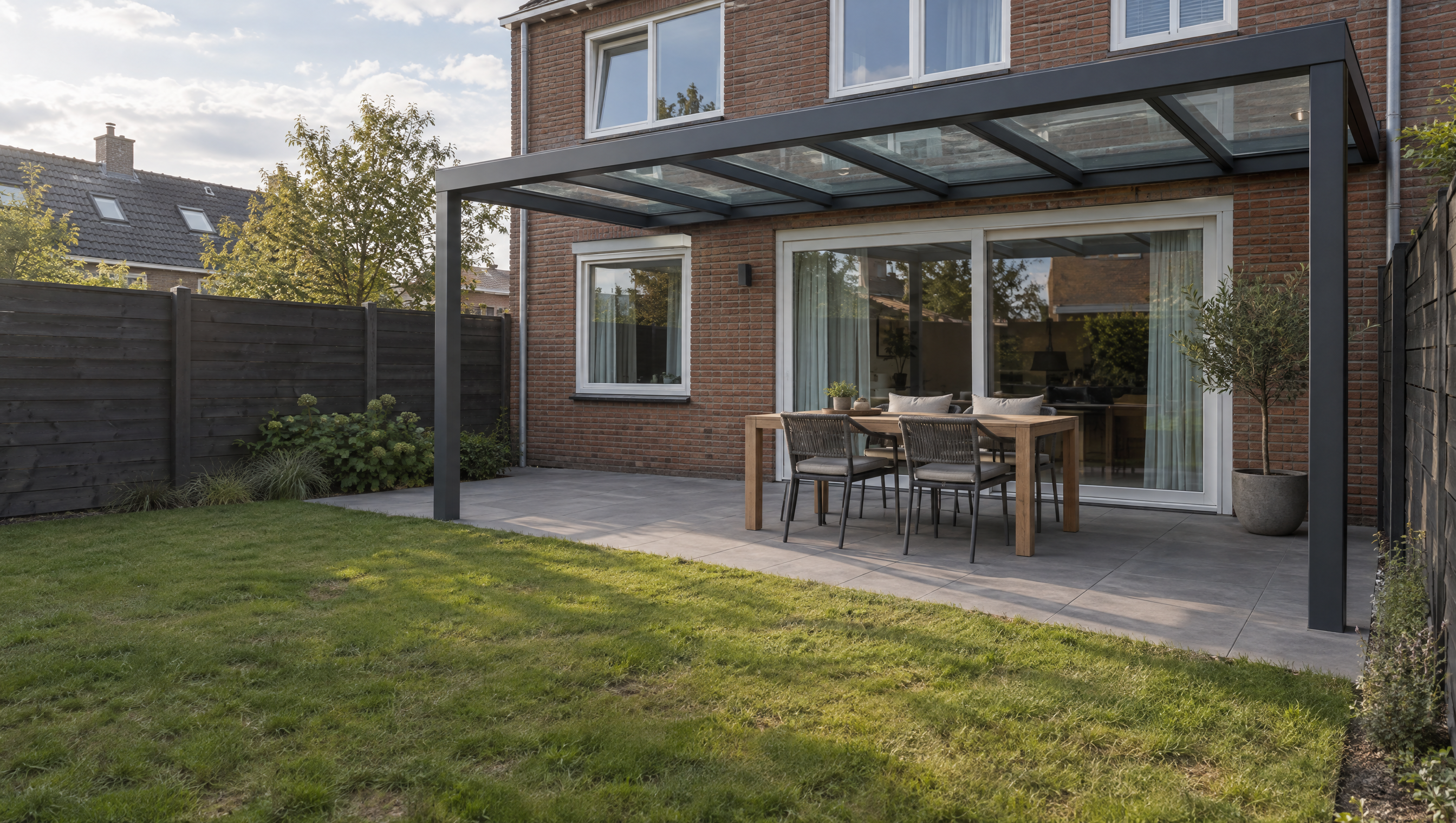 Antraciet aluminium veranda met glazen dak aan de achtergevel van een bakstenen rijwoning, met tuintafel eronder