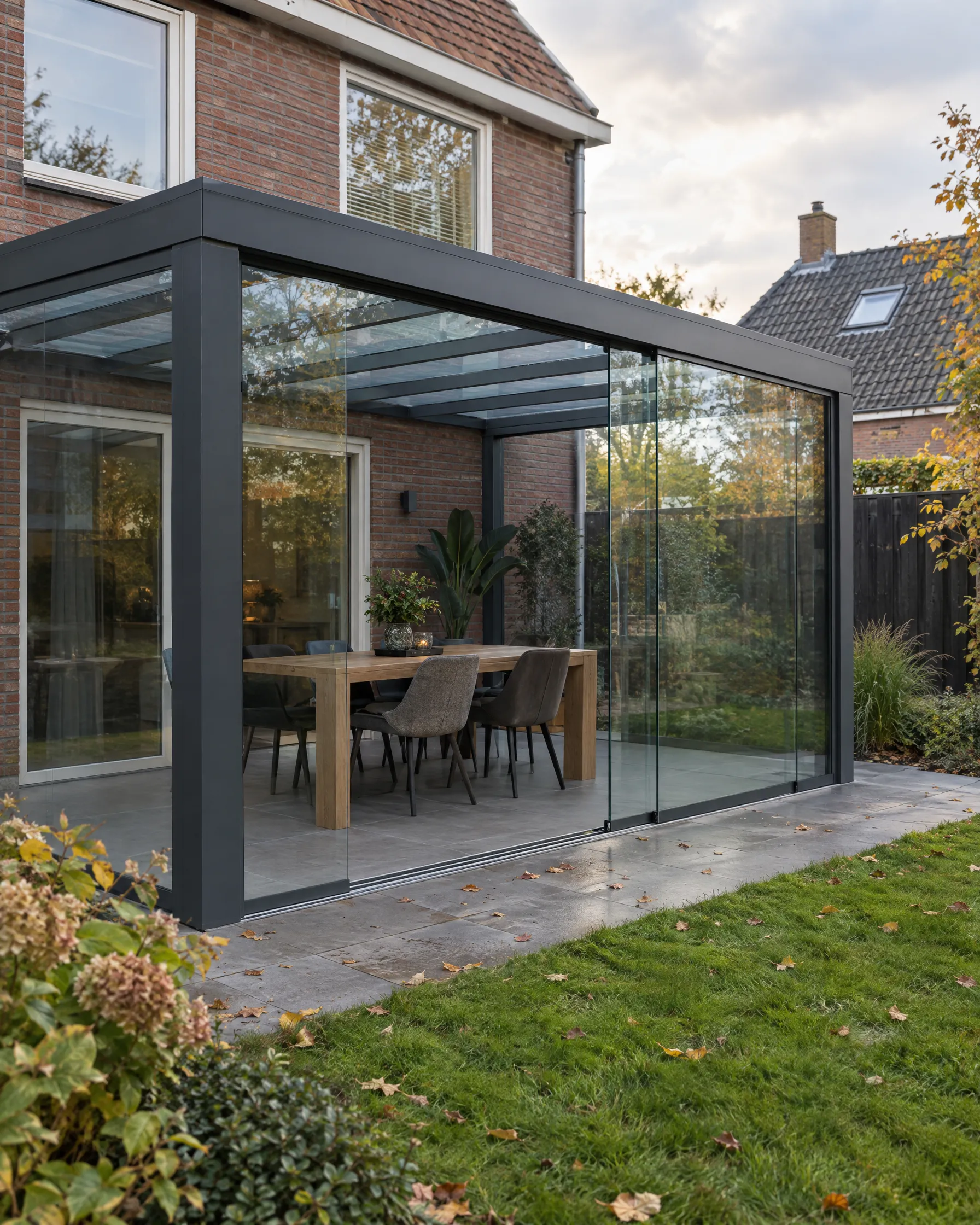 Veranda met glazen schuifwanden, half open, met eettafel binnen